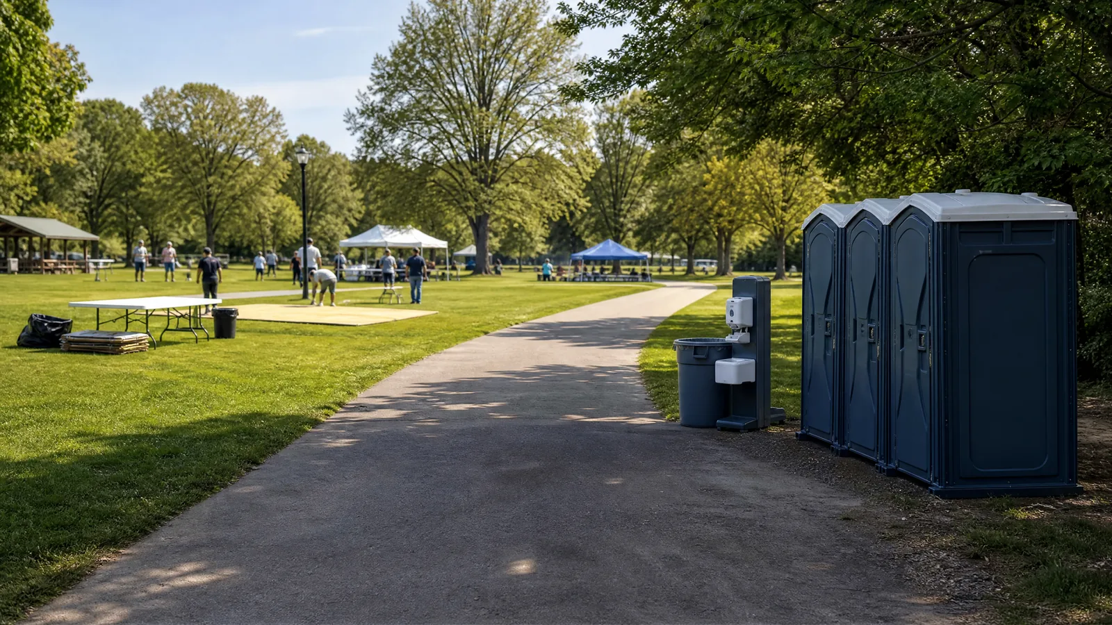 Portable restrooms supporting a planned community park gathering.
